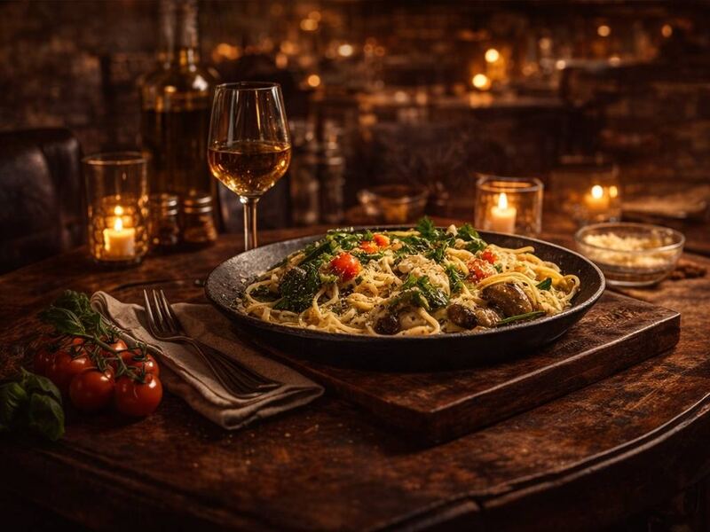 Handmade pasta with mushrooms, tomato and herbs and a glass of wine at Portabella in Bluefield, WV