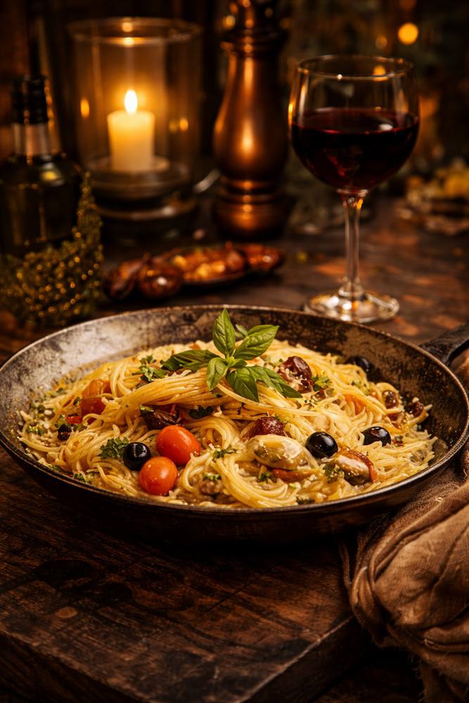 Handmade spaghetti with tomatoes, olives and basil at Portabella, Bluefield WV