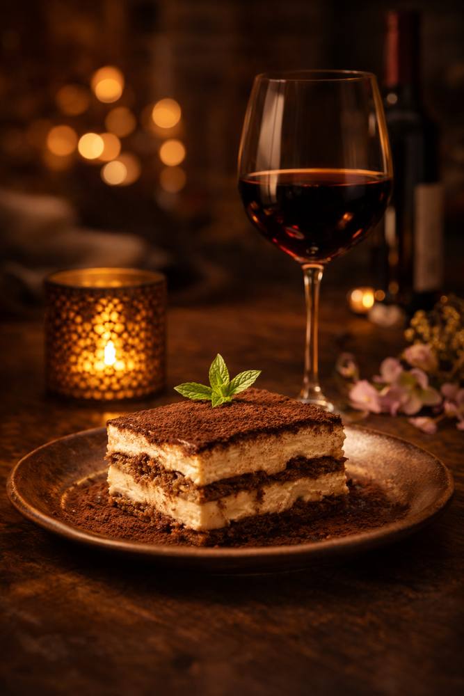 House-made tiramisu with a glass of wine at Portabella, Bluefield WV